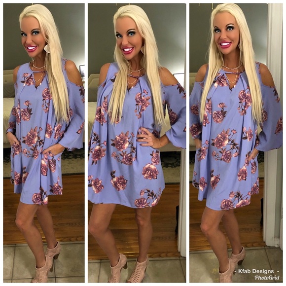🥰LAST 1! Lavender Floral Cold Shoulder Dress! - Picture 4 of 6